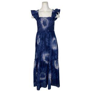 Tuckernuck Tie Dye Rory Dress L Blue Midi Sleeveless Smocked Ruffle Brunch